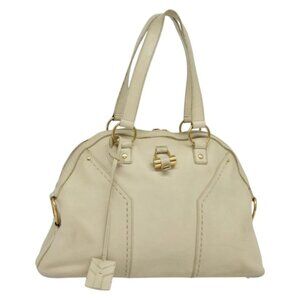 SAINT LAURENT Tote Bag Leather Beige Gold Auth